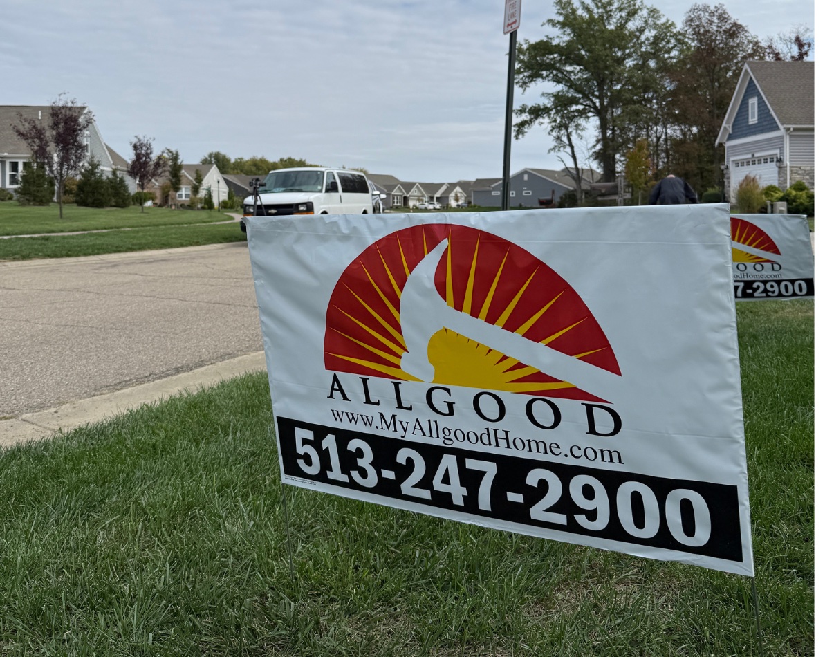 An AllGood Home Improvements yard sign at a completed home in a suburban Cincinnati neighborhood
